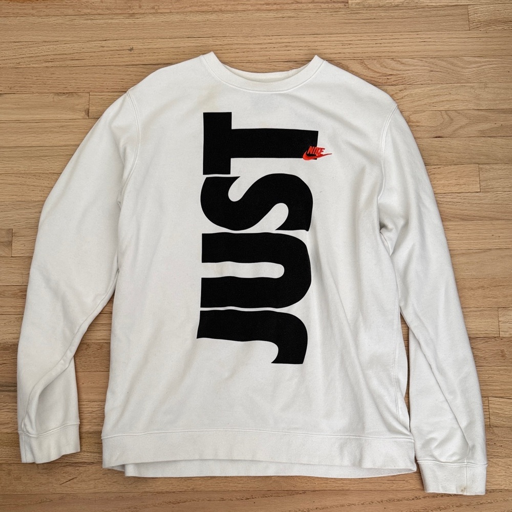 Nike “Just Do It” White and Black Crewneck with Orange Logo, XL